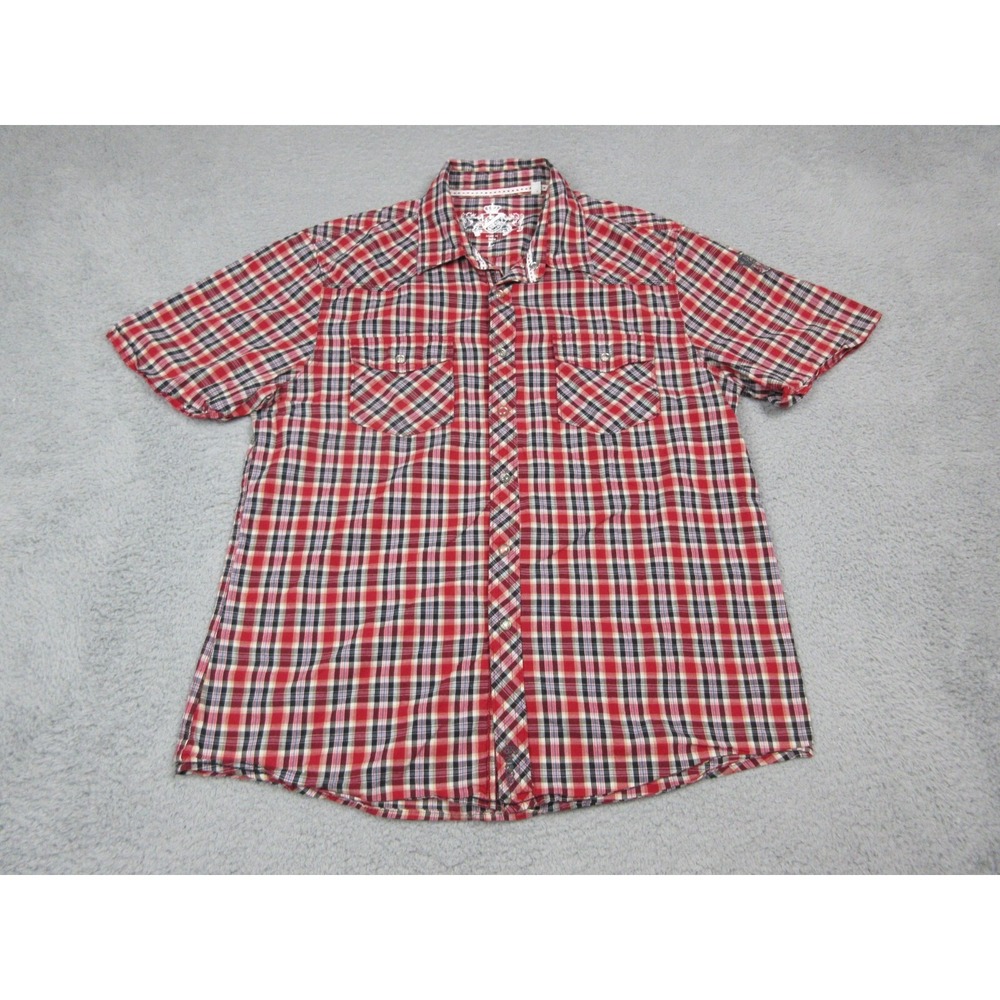 Wrangler Shirt Mens L Red Plaid Cotton Short Sleeve Snap Western Casual
